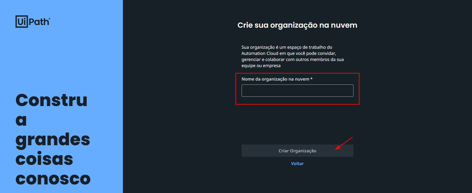 Tela para definir o nome da organização na nuvem ao criar conta no UiPath.