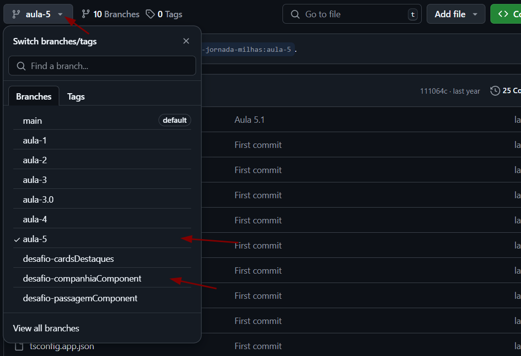 Tela do repositório no github mostrando a aba de branches aberta, na qual se encontram as opções de visualizar os códigos das aulas de 1 a 5 e dos desafios