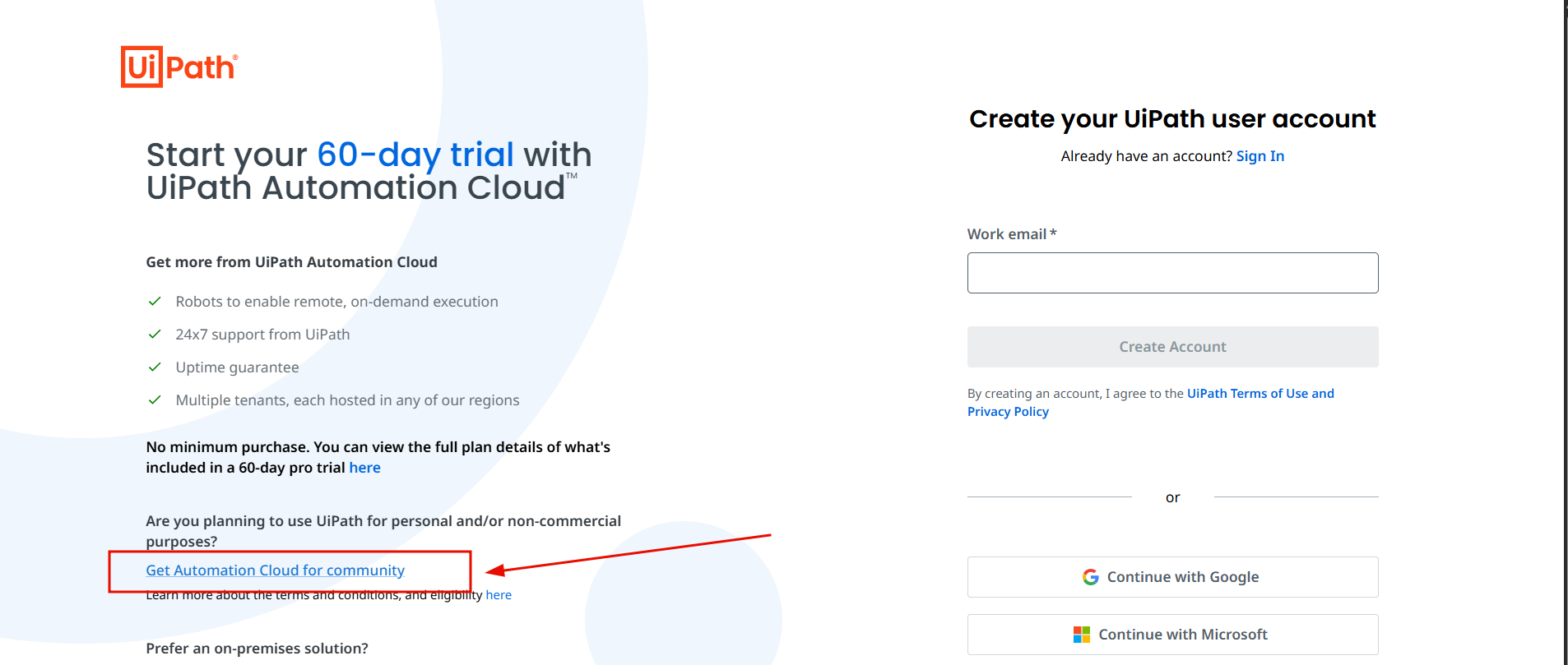 Tela de cadastro com destaque na opção "Get Automation Cloud for community"