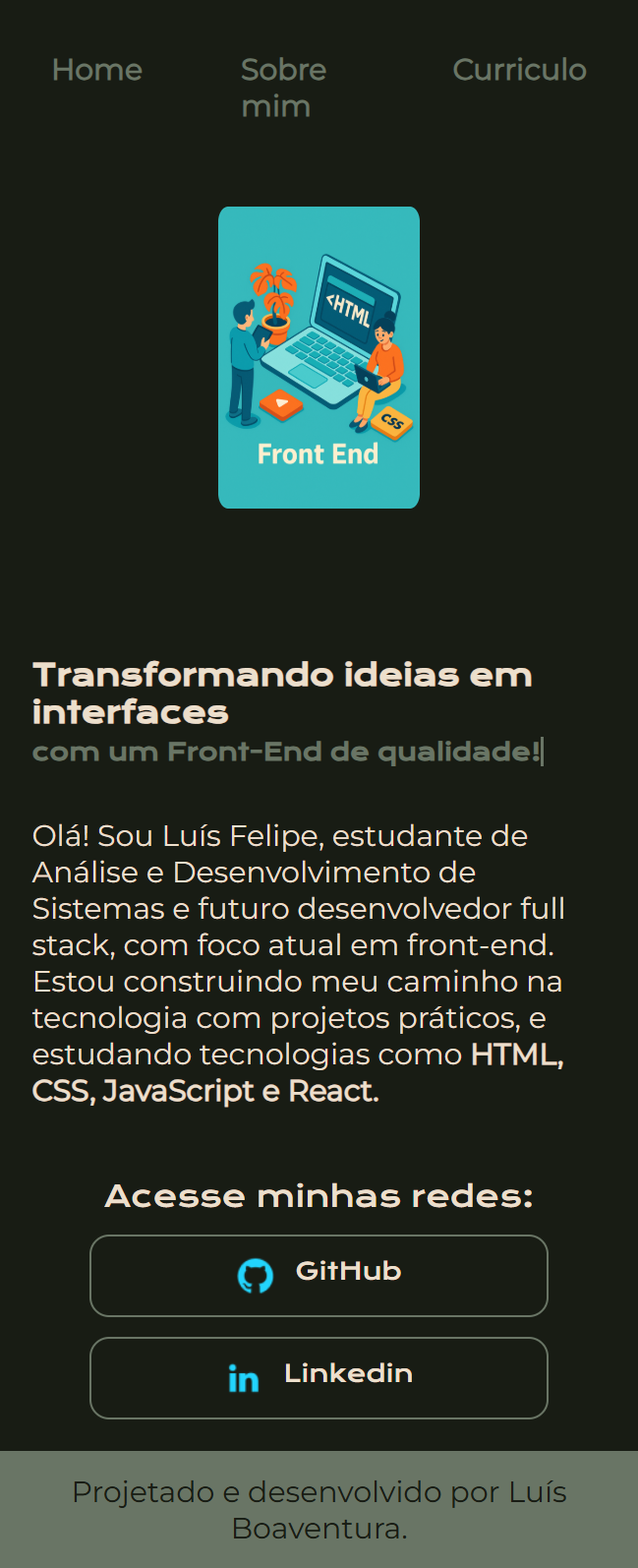 Página de portfólio responsiva com menu, imagem "Front End" e título com a palavra "qualidade" agora exibida corretamente, indicando correção no corte anterior do texto.