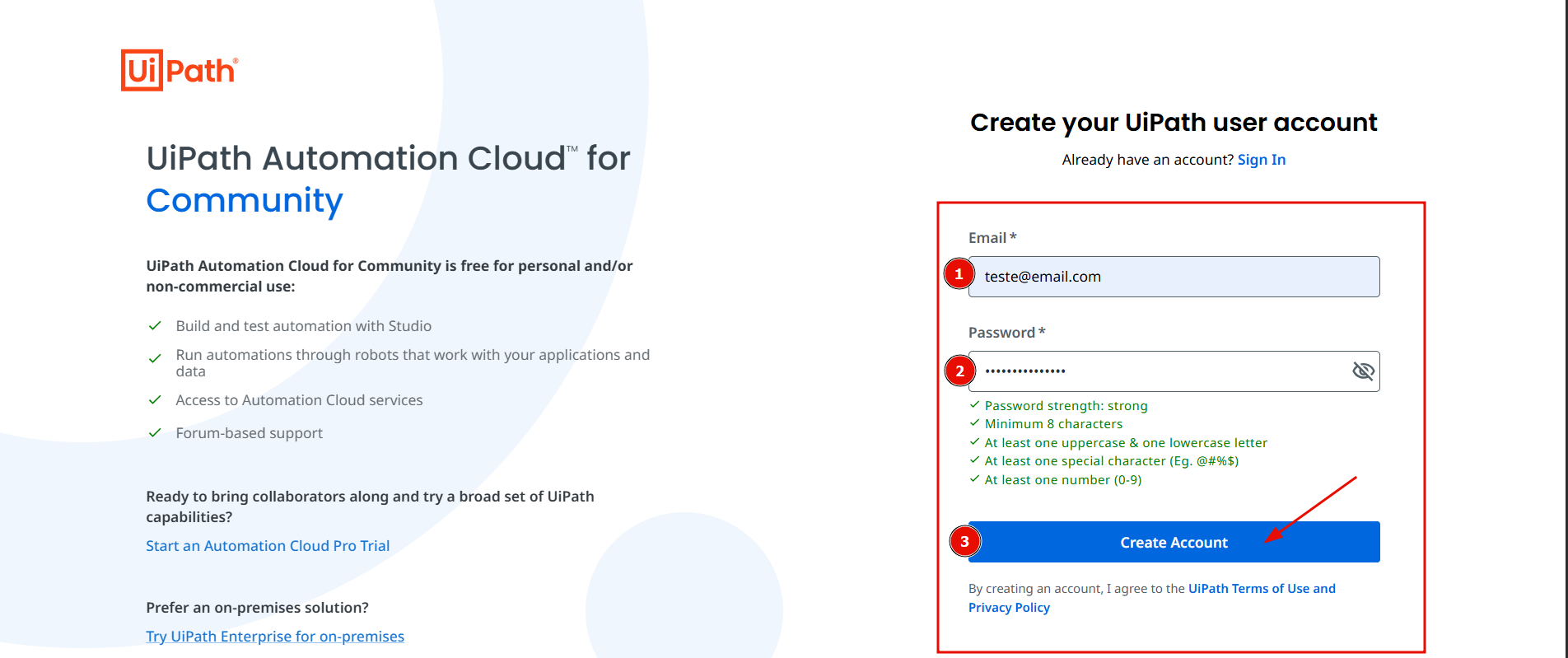 Formulário de criação de conta no UiPath com e-mail, senha e botão "Create Account"