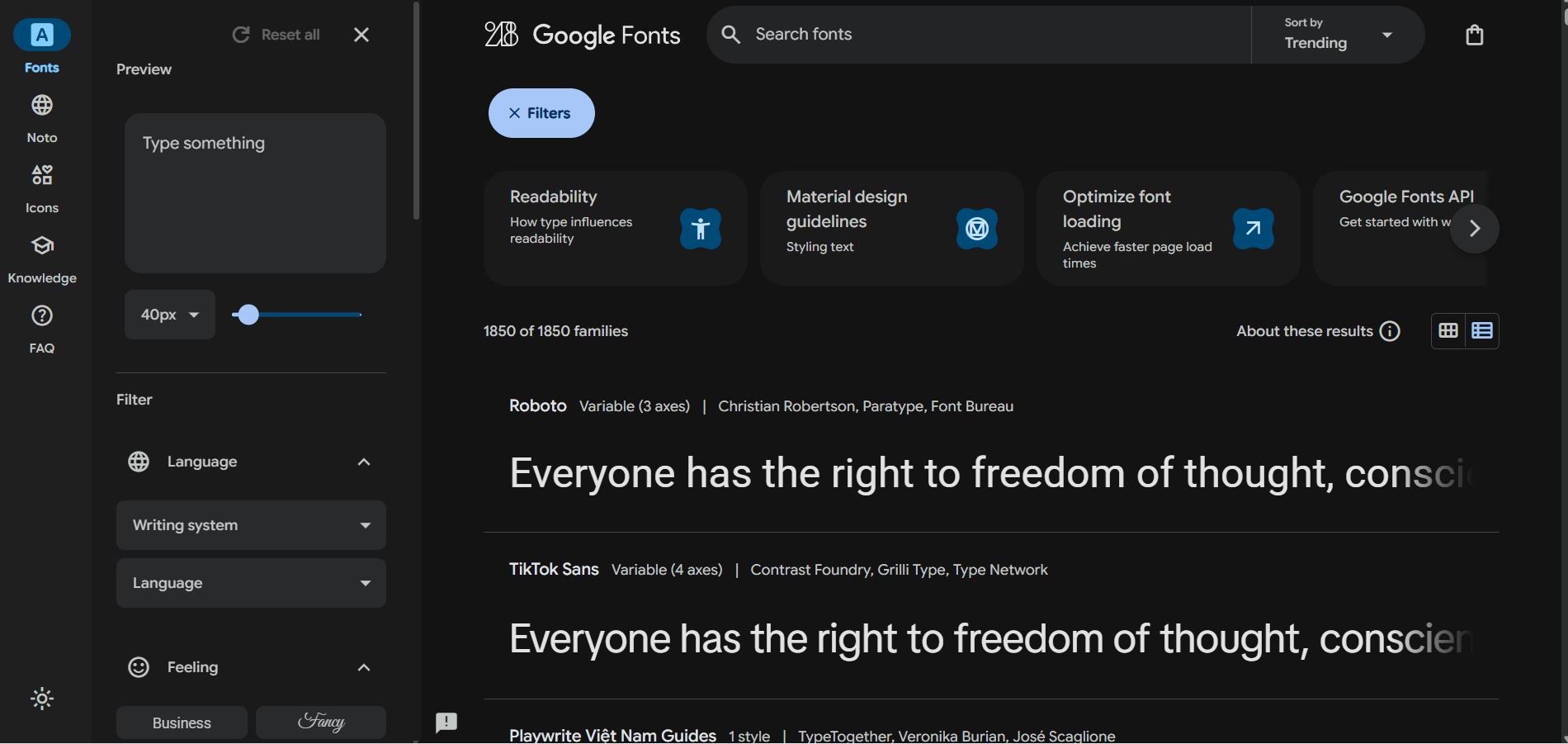 Gif mostrando processo de mudança de tamanhos de fonte no Google fonts