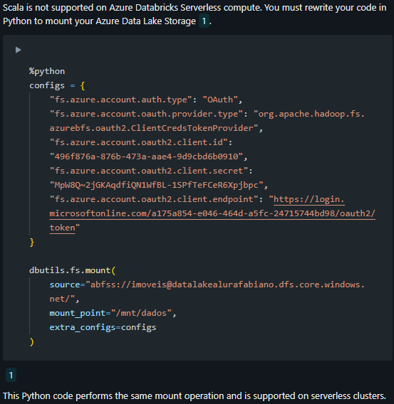 Scala não e suportada no ambiente Azure Databricks Serverless