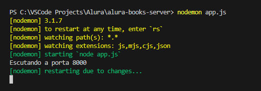 console com nodemon rodando