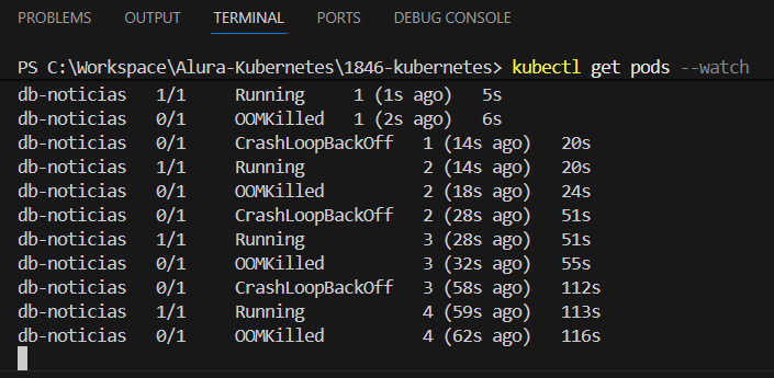 pod 'db-noticias' não para em pé