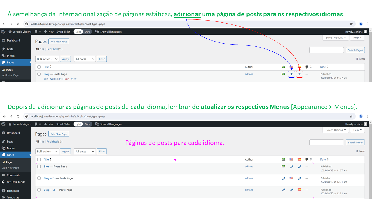 Screenshot mostrando como criar páginas de posts para cada idioma