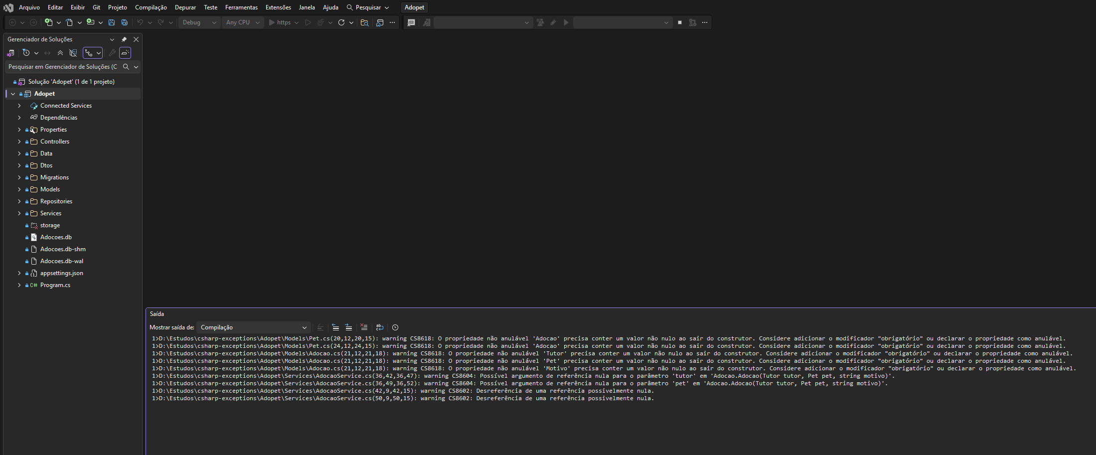 Print do sln aberta e com +7 minutos compilando