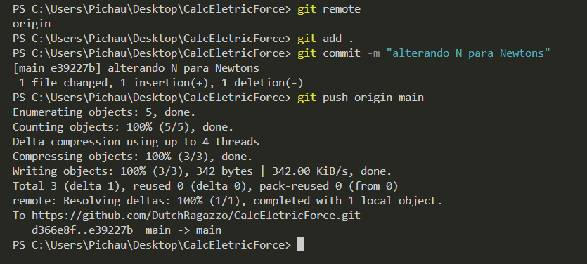 print do terminal do VS CODE com os comandos de commit e push