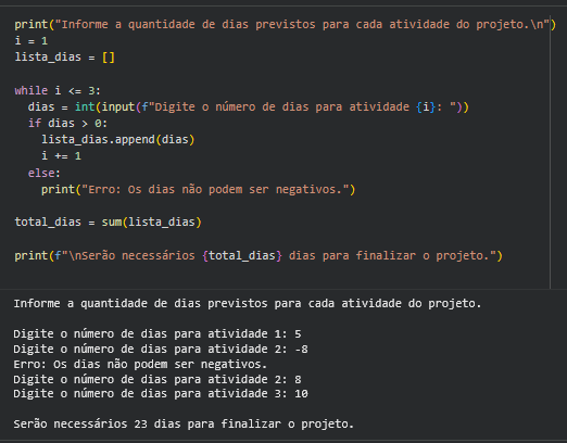 print com a resolução da atividade calculando tempo de projeto