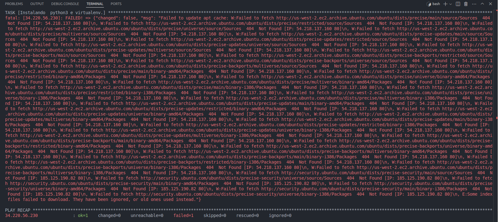 Mensagem de erro ao executar comando ansible-playbook