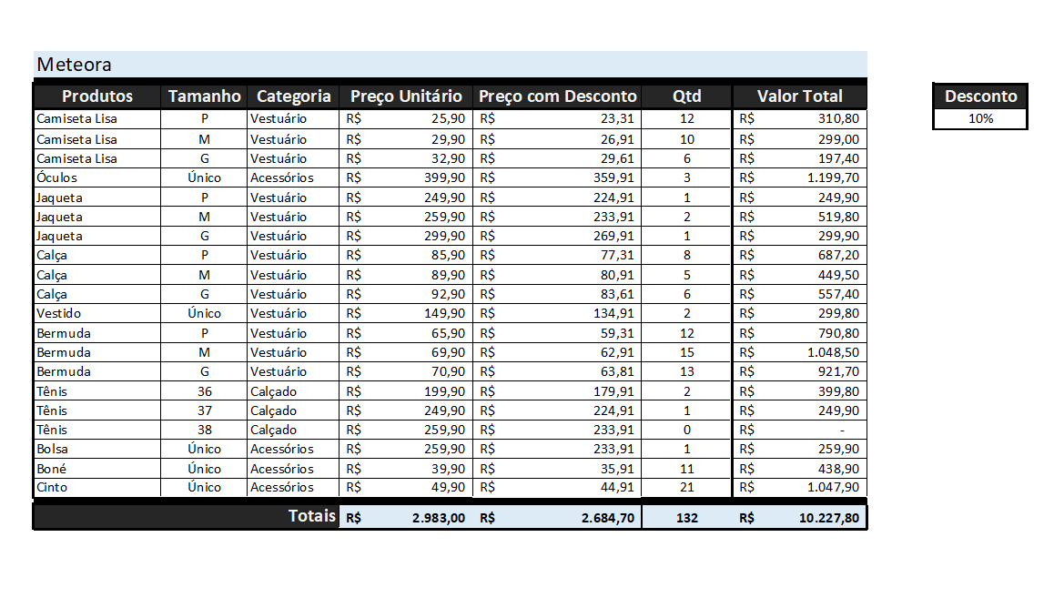 Planilha de excel formatada