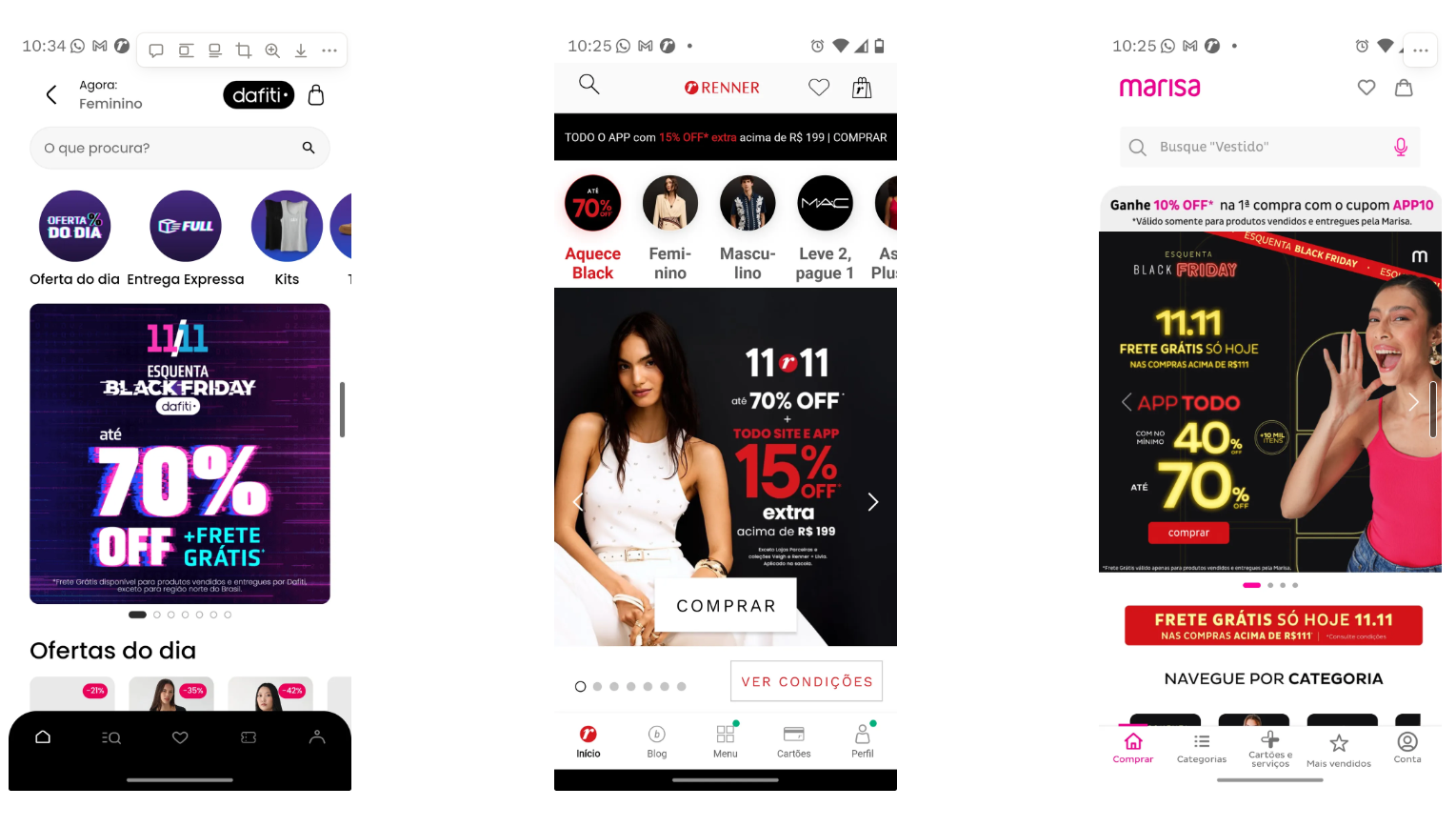 Print das telas iniciais dos apps da Dafiti, Renner e Marisa