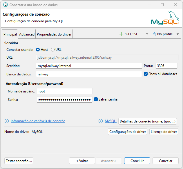 Preenchendo os dados de conexão