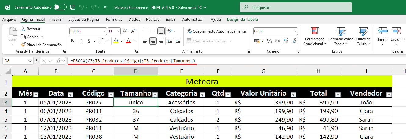 Imagem da tabela inicial mostrando a fórmula usada na coluna tamanho