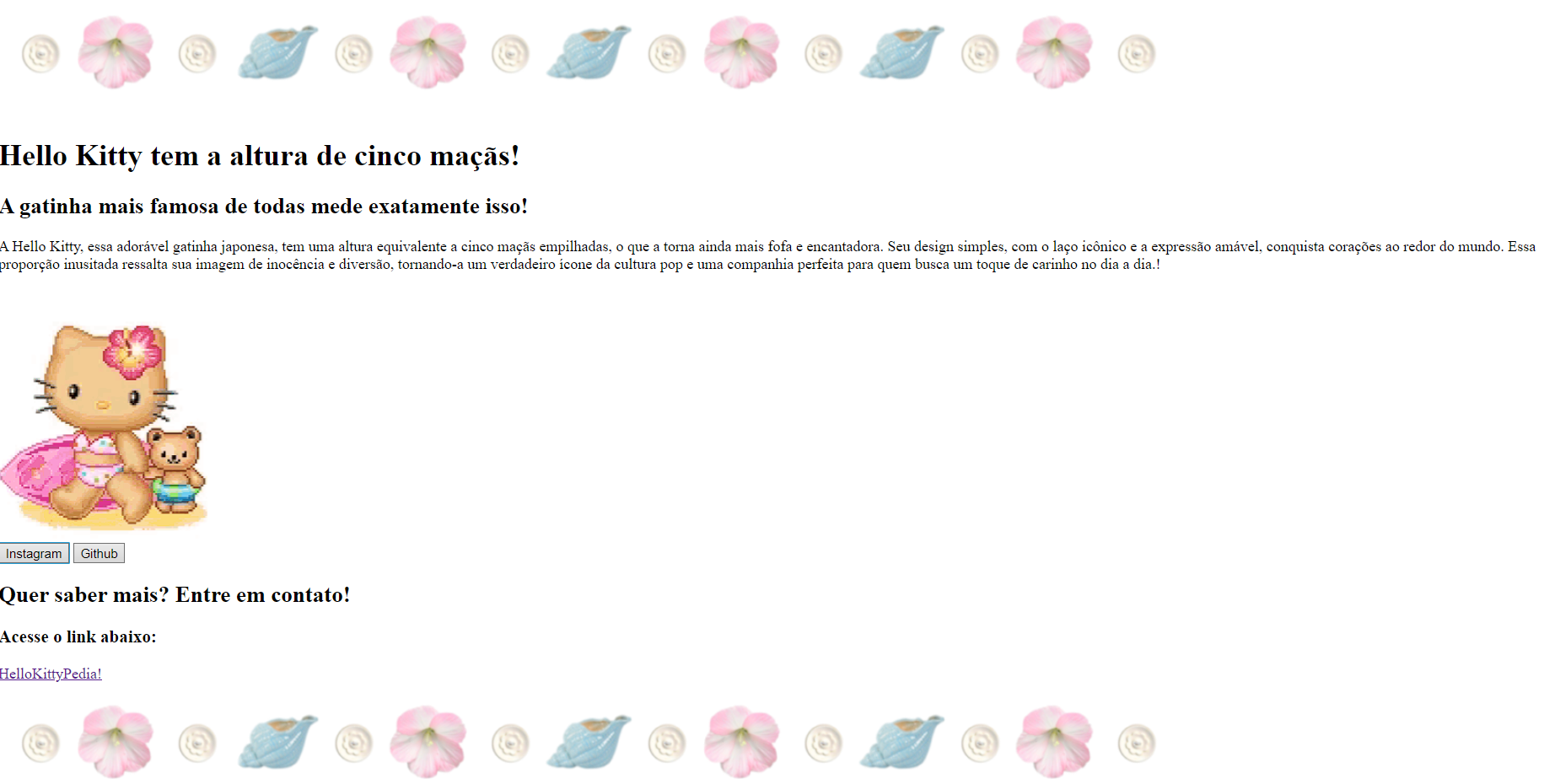 Página que fala sobre a Hello Kitty, construída no VSCode em Html