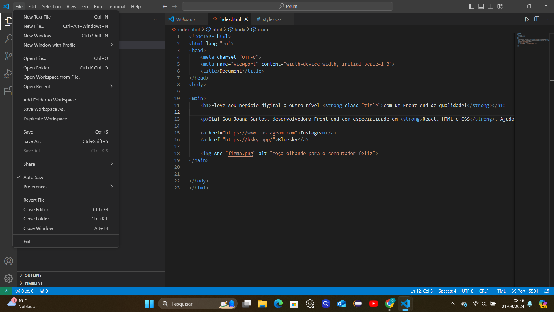 Imagem do VS Code contendo a opção Auto Save - Salvamento Automático ativada