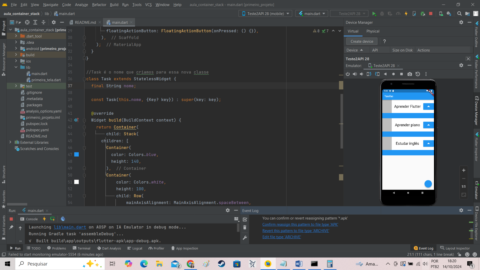 Tela do Android Studio mostrando o Emulador funcionando