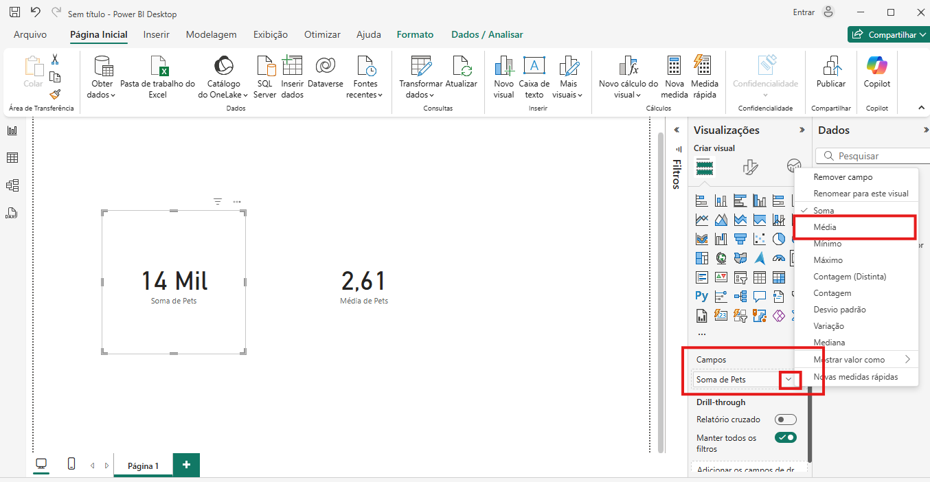 Localização de onde faz a alteração de soma pra média dentor do power bi desktop