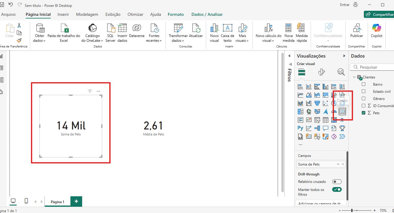 Imagem print da tela do power BI desktop demonstrando qual o estilo de visualização estava apresentando na soma de pets, indicando também onde alterar de gráfico de barras para cartão.