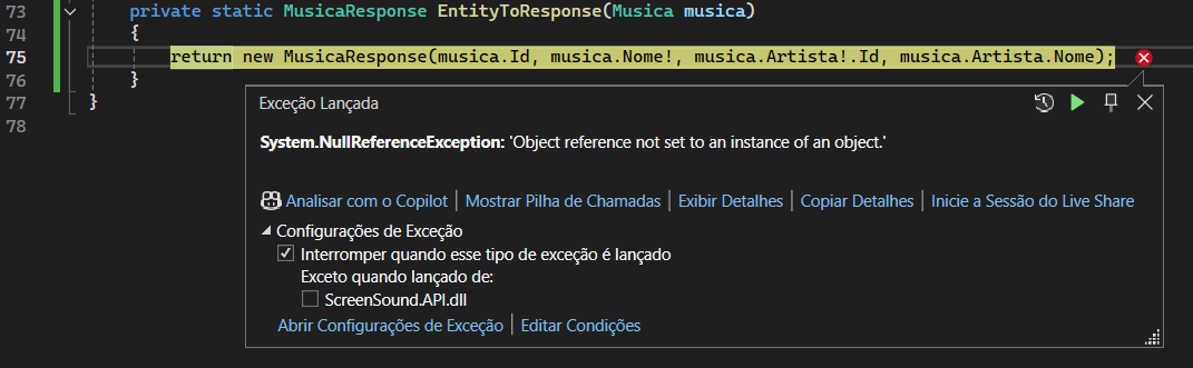 Imagem do problema onde mostra System.NullReferenceException: 'Object reference not set to an instance of an object.'