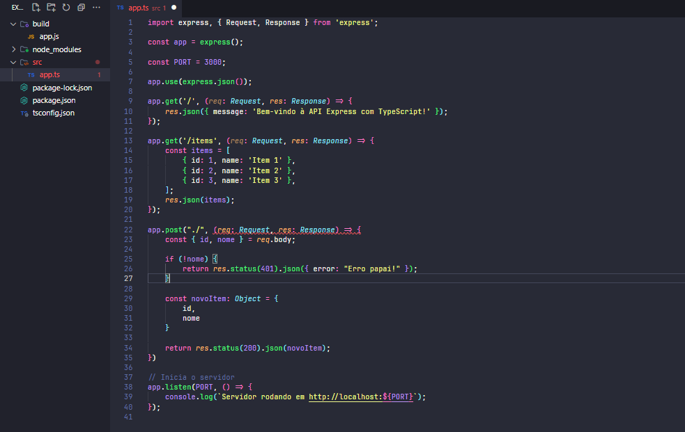 Estou tendo dificuldade para criar uma API simples em um arquivo de Ts