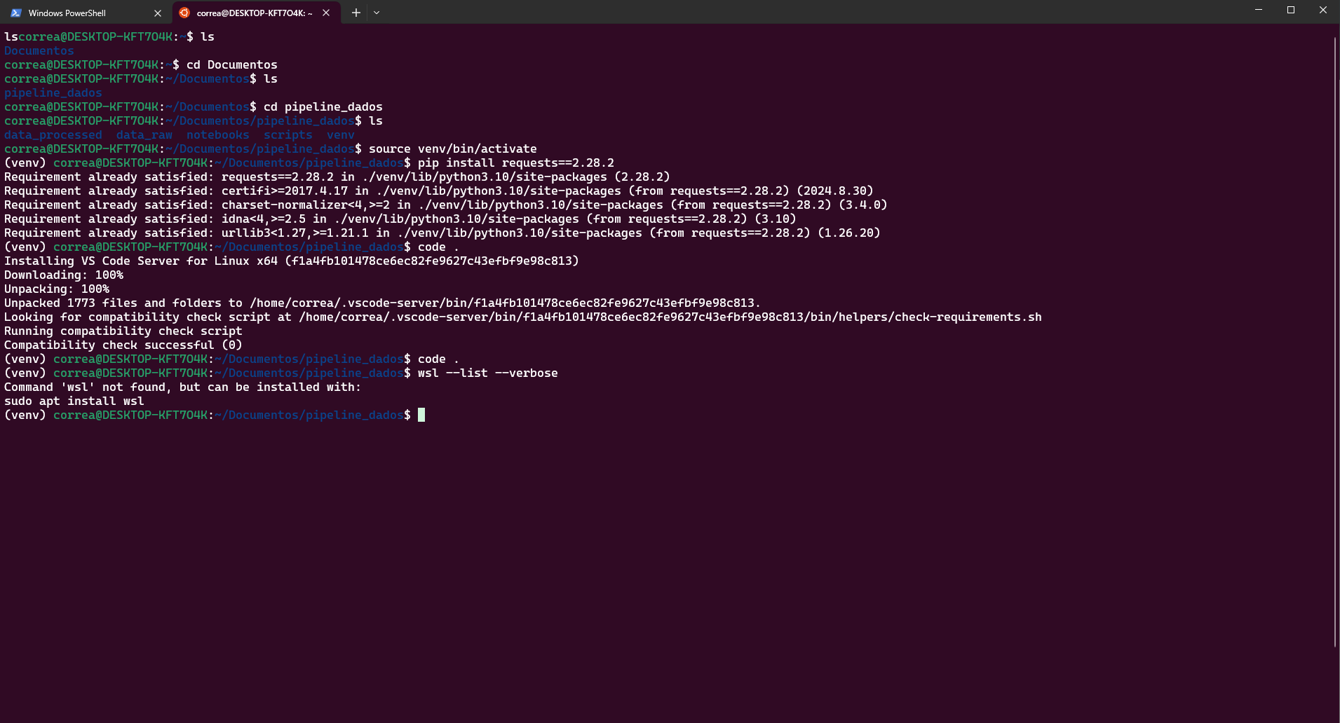 Print do meu terminal com os ultimos códigos que eu fiz para ligar o WLS e acessar o VS code pelo terminal