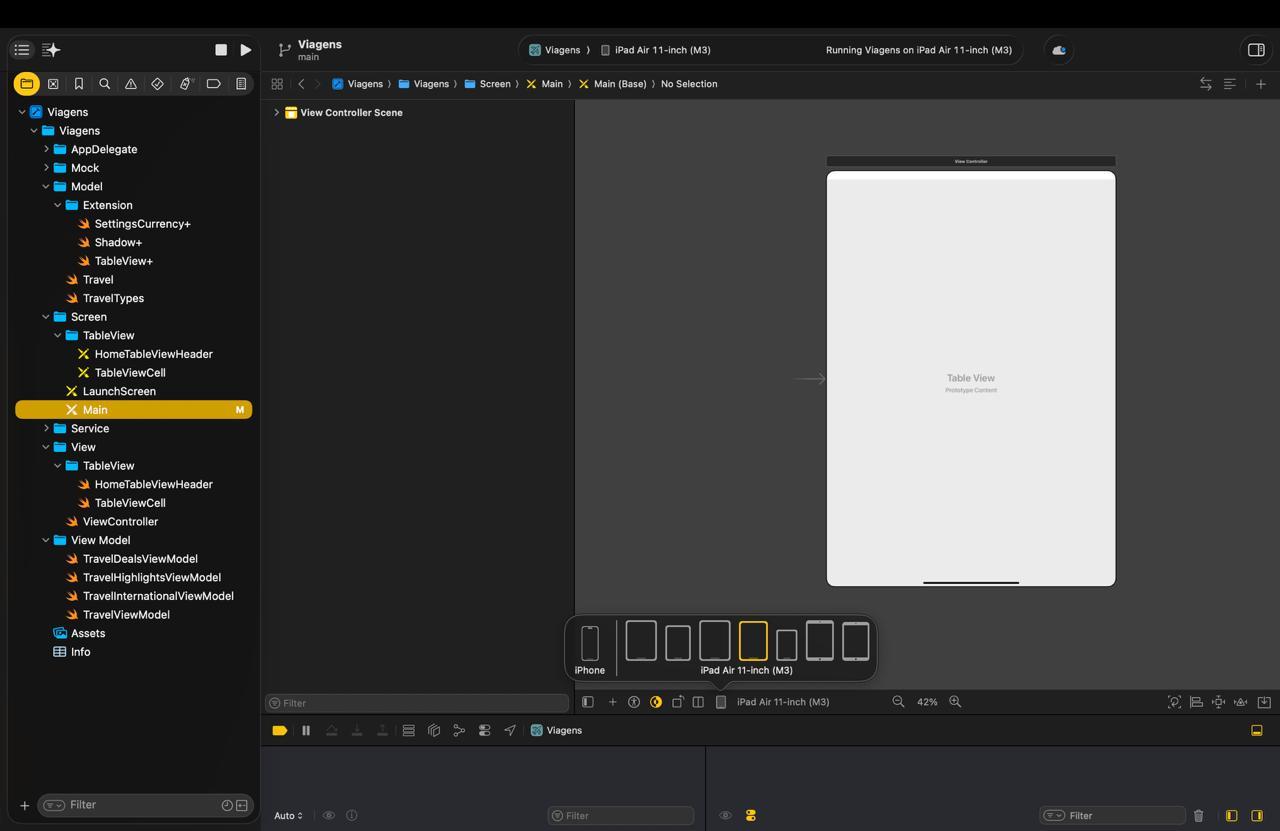 Tela do Xcode que mostra a barra de configuração do dispositivo