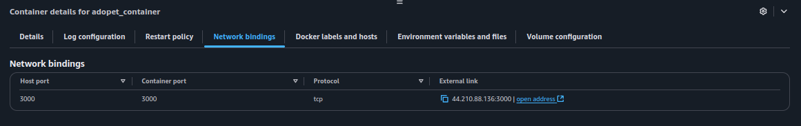 O mapeamento de porta do host e do container também estão devidamente configuradas