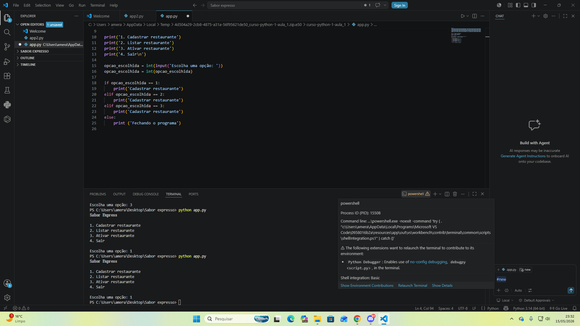 Imagem do meu Visual Code e do meu código na tela, infelizmente não resolve no terminal como resolve nos vídeos das aulas.