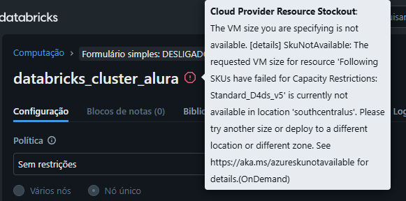 Imagem com erro de iniciação do cluster