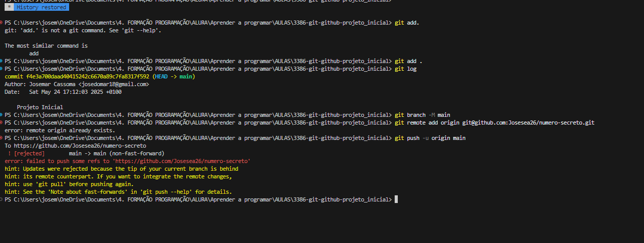 Erro no Git Push a vermelho e amarelo