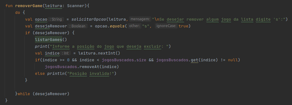 trecho de código da função removerGame