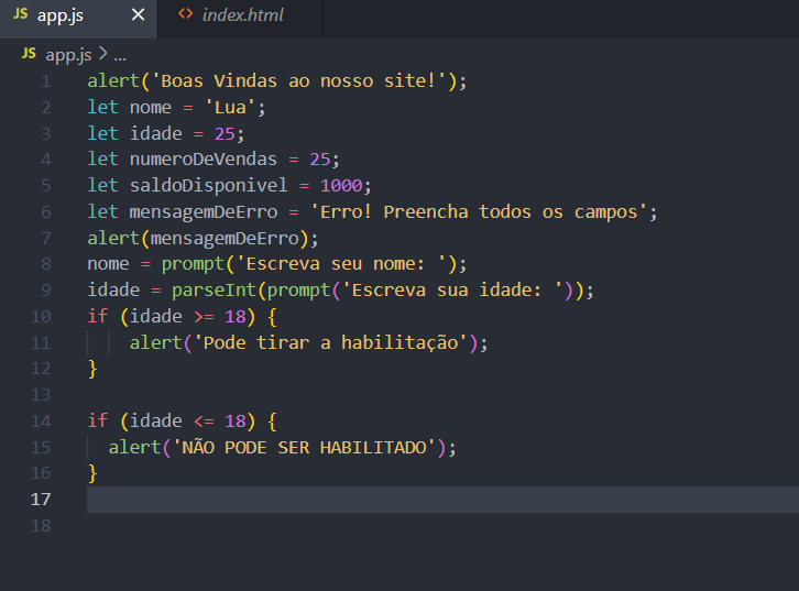 Tela do vscode com os códigos proposto no exercício