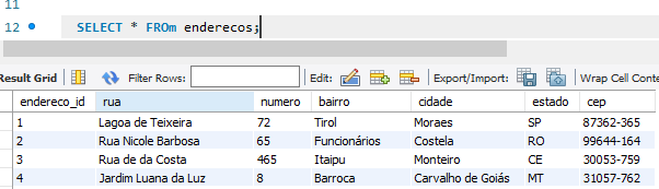 Registros da consulta SQL