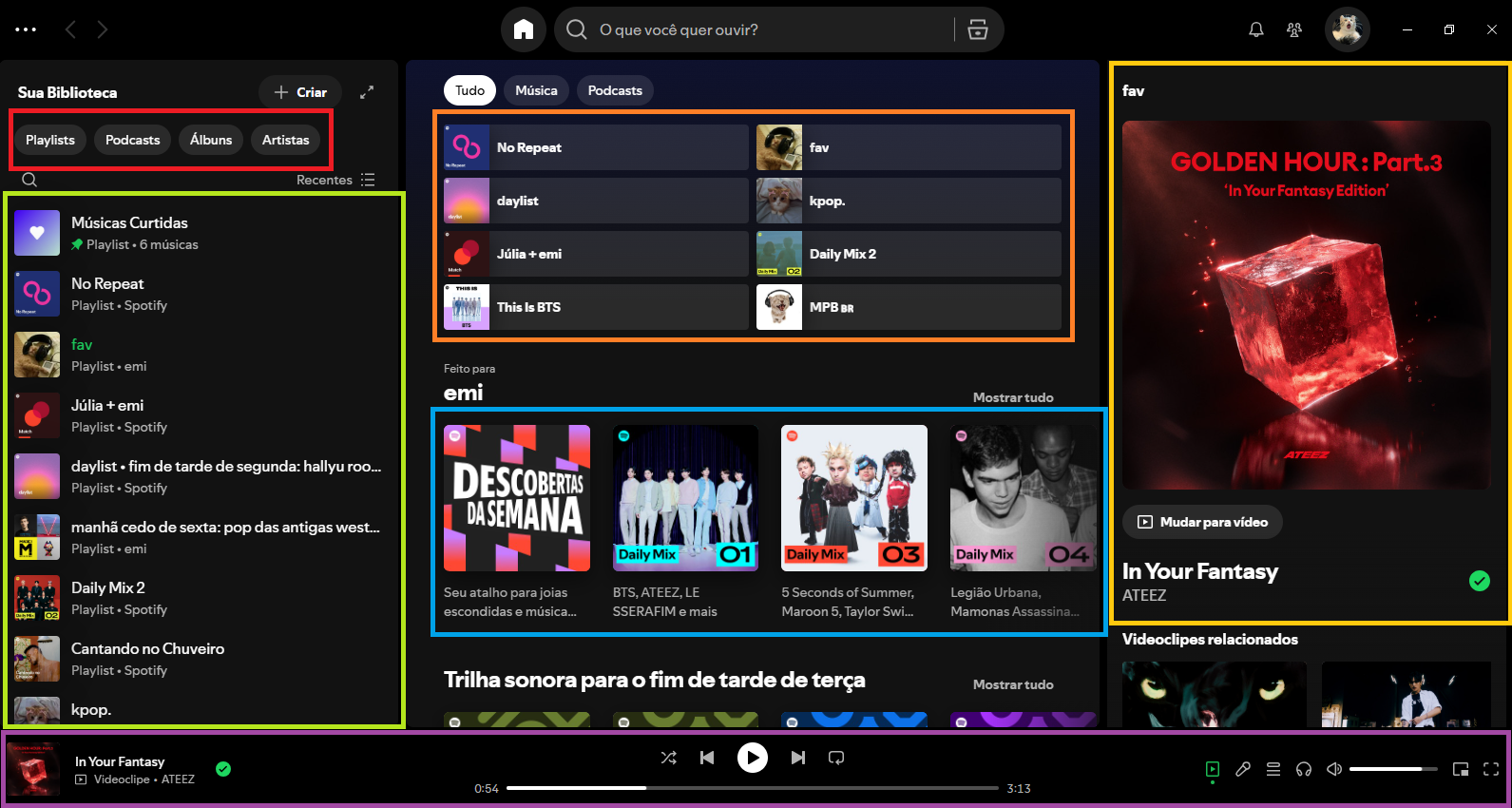 Print da tela inicial do aplicativo Spotify com destaques coloridos em cada grupo de componentes