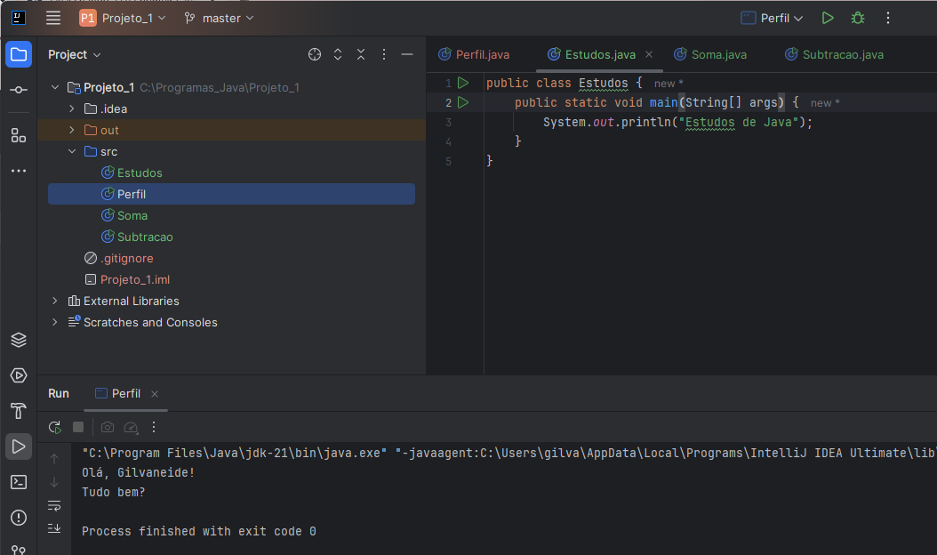 Tela de Projeto criado no IntelliJ, mostrando as classes: Estudos, Perfil, Soma e Subtracao. Está mostrando o código da classe Estudos.J