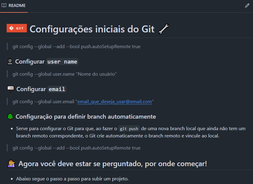README.md do respositório no GitHub sobre comandos do Git