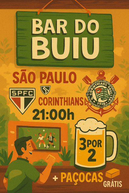 faça um anúncio pra mim sobre o jogo entre são paulo e corinthians às 21:00 que vai passar em meu bar (nome: bar do buiu) e terá promoção de cerveja, 3 por 2. O valor do litro da cerveja é 8,00, quando comprada 3 o prço sai o valor de duas cervejas e você gamha 4 paçoca. Esse anúncio deve vir num modelo para o instagream e deve alcançar o público interessado por futebol, famílias. Faça em uma linguagem que alcance todos os públicos Dê essas informações e traga uma porposta que o público seja convencido a participar. peça para eles irem com a camisa do time do coração e apenas torcedores destas duas equipes poderam entrar