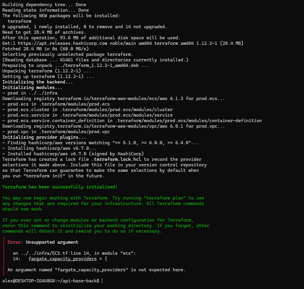  há um erro no meu codigo Terraform, especificamente no arquivo ECS.tf (linha 14), relacionado ao argumento fargate_capacity_providers: