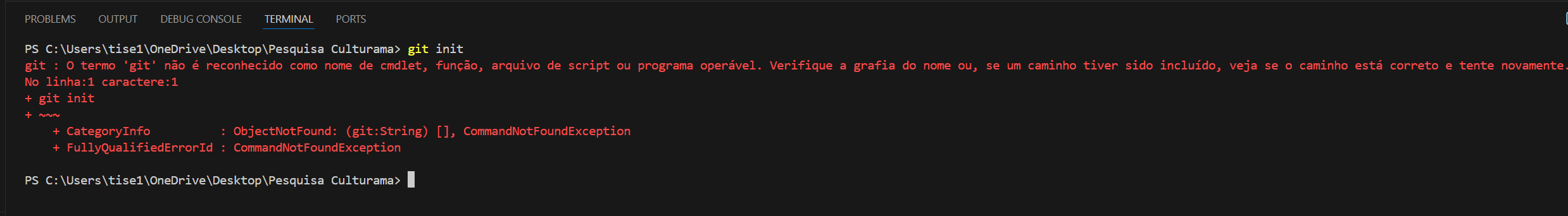 erro ao tentar executar o comando git init