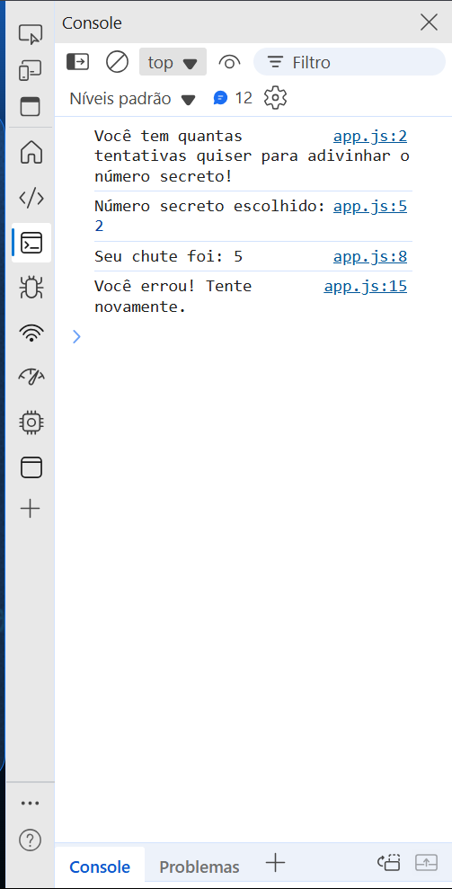 Alguns dos console.log no setor da inspeção do site