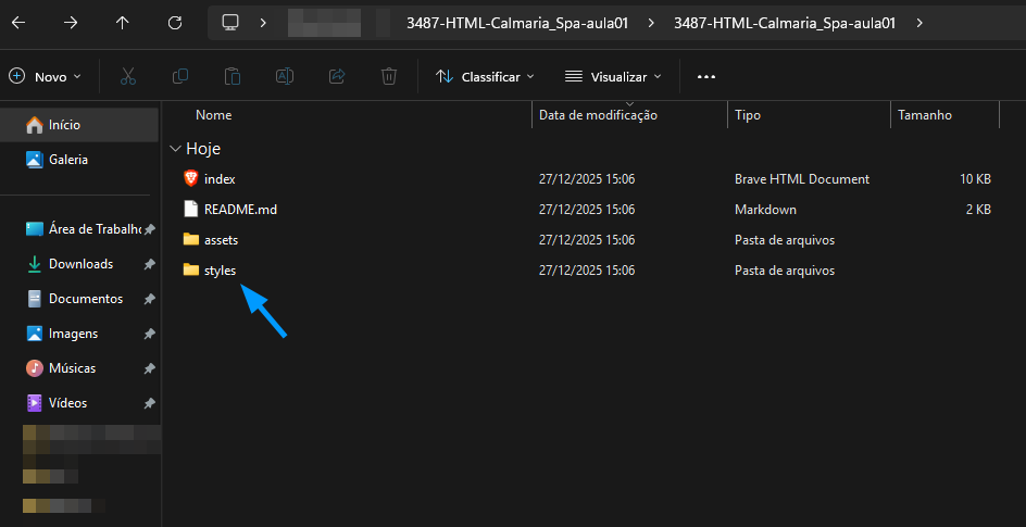 Estrutura de pastas do projeto com arquivos HTML, README, assets e styles