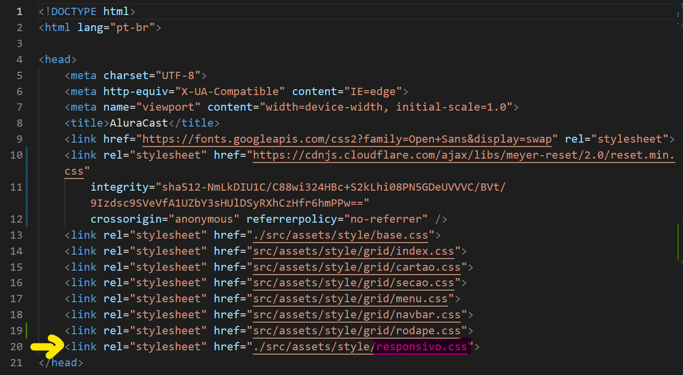 Imagem mostrando a linha 20 do código, exemplificando aonde o responsivo.css tem que ficar, antes do fechamento da tag head