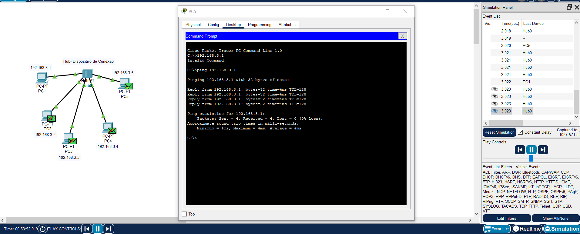 Teste de Ping entre Host