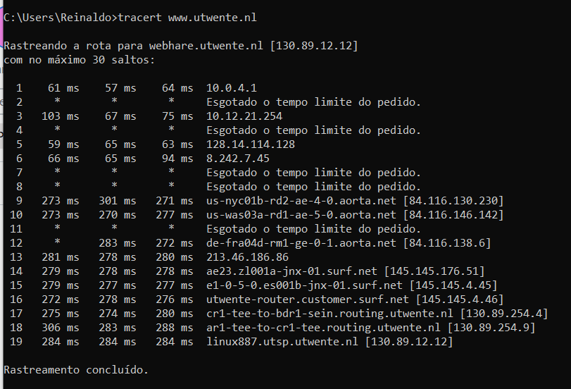 Tracert www.utwente.nl 
