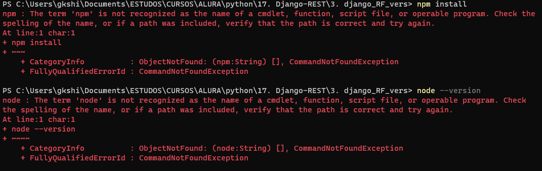 Terminal PS indicando que npm e node is no recognized as the name....