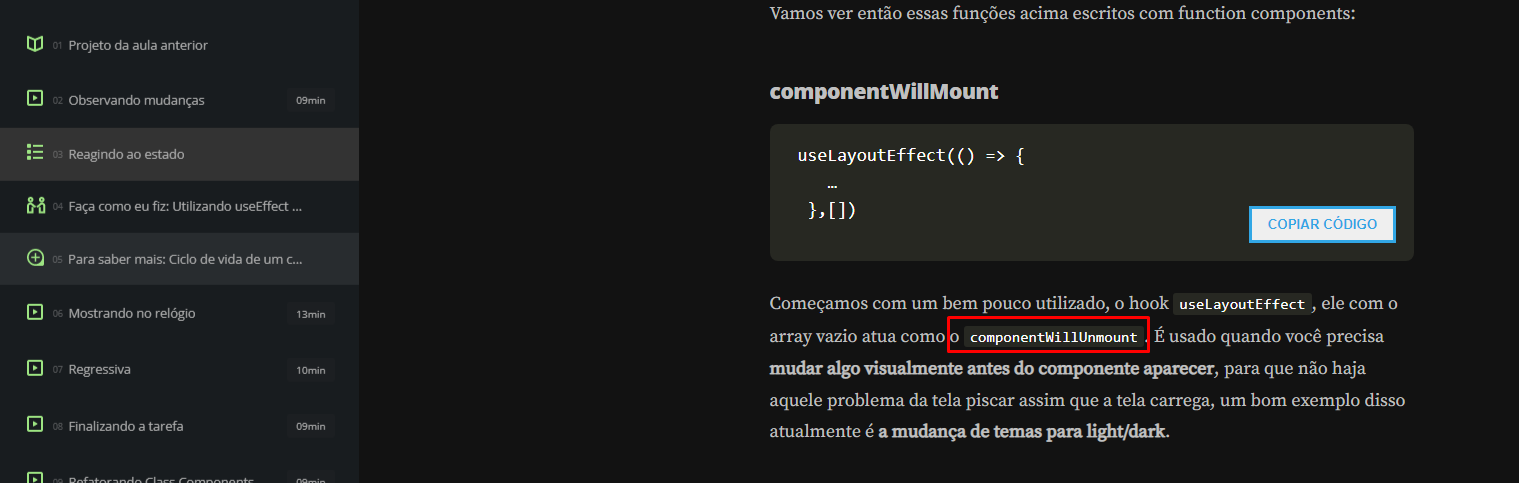 Printscreen de tela do texto com informações sobre as funções de ciclo de vida dos componentes e seus hooks