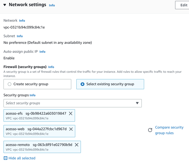 Configuração Security Groups na Instância EC2