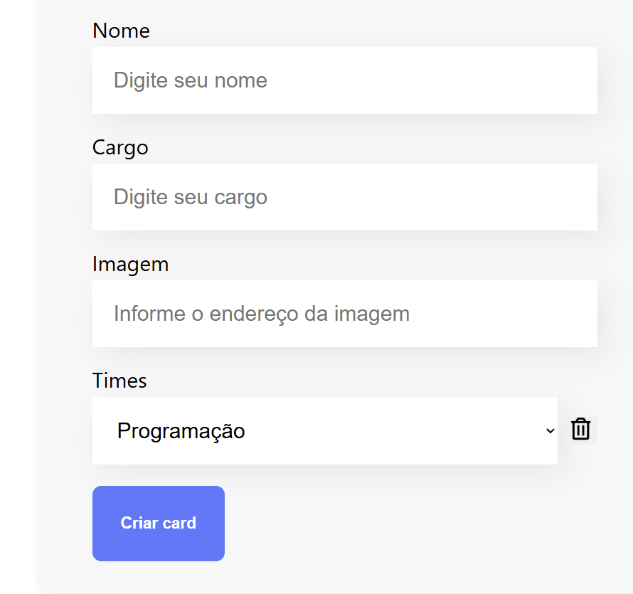 Imagem do formulário com o icone de lixeira ao lado do select