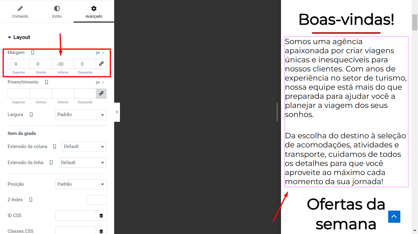 Print da tela de edição do Elementor com a margem inferior no valor -30, removendo o espaçamento padrão do elementor